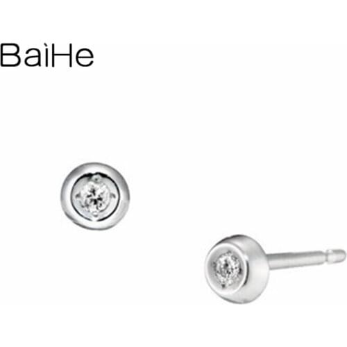BAIHE Real Solid 14K White Gold H/SI Natural Diamonds Earrings Trendy Jewelry Making Smiley Face Round Stud Earrings Women Men