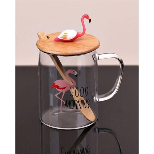 Flamingo Figured Glass Mug with Bamboo Lid