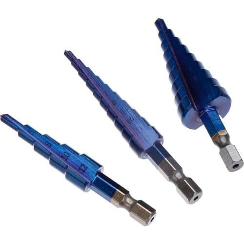HSS Step Drill Bits 3-12mm 4-12mm 4-20mm Nano Blue Coated High Speed Steel Drill Bits Woodworking Metal Drilling Power Tools