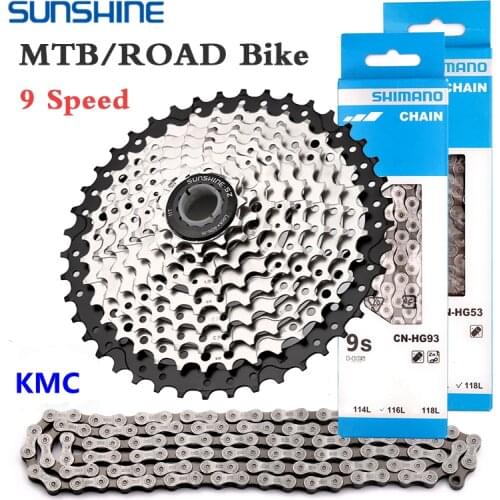 SUNSHINE 9 Speed Flywheel Shimano Road Bike Chain Set HG53 HG93 KMC X9 Chains 11-25T/28T/32T/36T/40T/42T 9V MTB Bicycle Cassette
