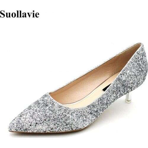 Suollavie hot fashion women pumps bling shoes women thin heel glitter wedding female high heels pointed toe 2021 shoes for women