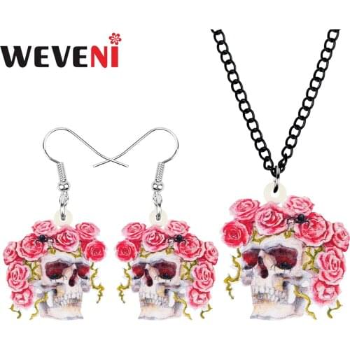 WEVENI Acrylic Halloween Rose Skull Skeleton Jewelry Sets Flower Earrings Necklace For Women Girls Lover Charm Gift Accessories