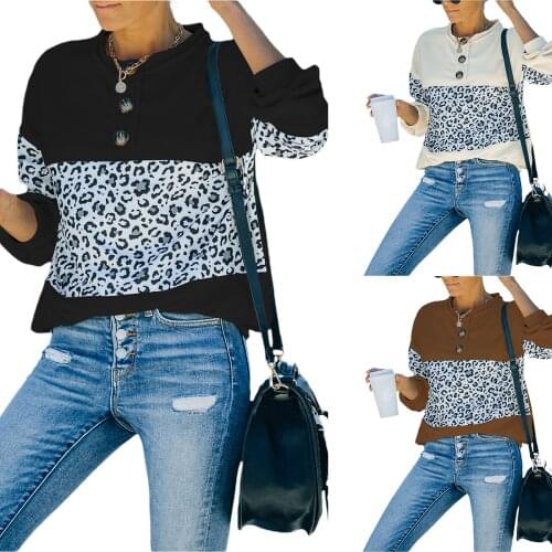 Women Loose Style Pullover, Leopard Printed Pattern Round Collar Long Sleeve Tops, S/ M/ L/ XL