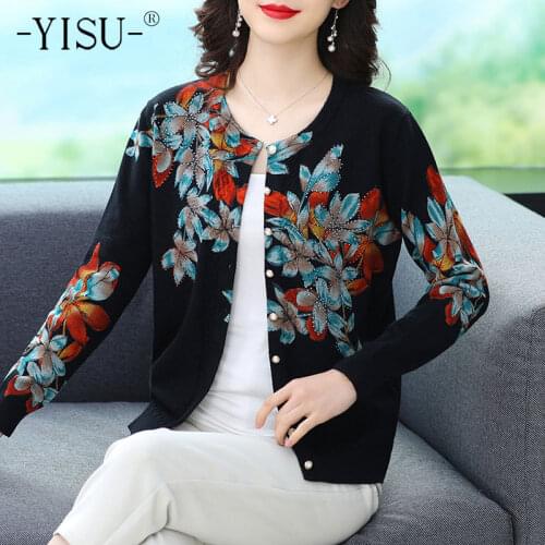 YISU New Loose Women Cardigan Sweater Tops O-Neck Fashion printing Knitted Coat Cardigan Single Breasted Casual Jacket Sweater