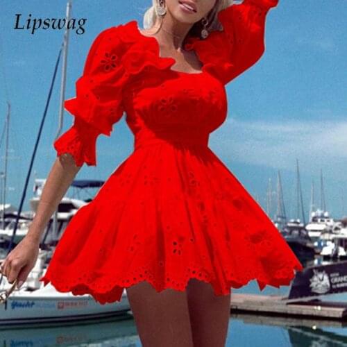 Women Square Collar Ruffle Cotton Dress Solid Embroidery Hollow Out Party Dress 2021 Autumn New Half Sleeve A-Line Short Dresses