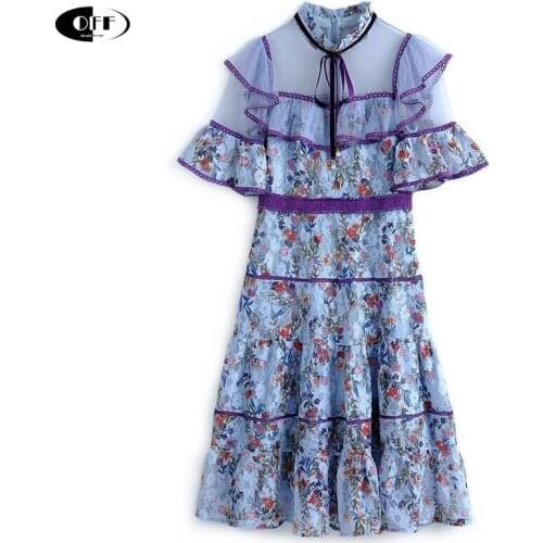 Designer Summer Party Colorful Lace midi Dresses Women Elegant Flare Sleeve Ruffles Vintage Flower Print Lace Dress vestidos