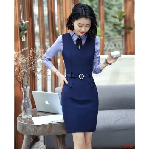 Fashion Women Dresses Navy Blue Sleeveless Office Ladies Work Wear Dress Female Clothes (Belt Included)