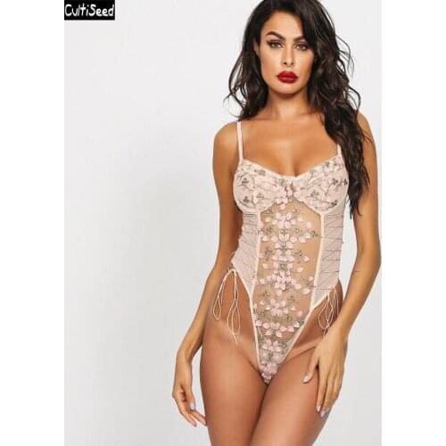 Cultiseed Women Sexy Floral Embroidery Perspective Mesh Bodysuits Jumpsuits Ladies Sexy Strapless Spaghetti Strap Party Rompers