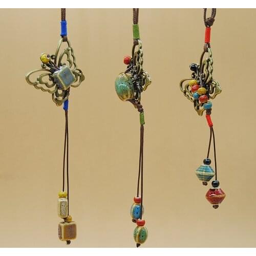 12 Pieces/Lot Long Rope Chain Necklace For Women Men Ceramic Beads Handmade Knot Necklaces Bead Tassel Charm Choker Jewelry Gift