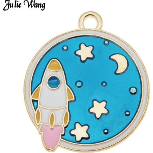 2pcs Blue Apacecraft Pendant For Earrings Sweekt Baby Necklae Enamel Star Moon Round Charms DIY Keychain Jewelry Findings Gift