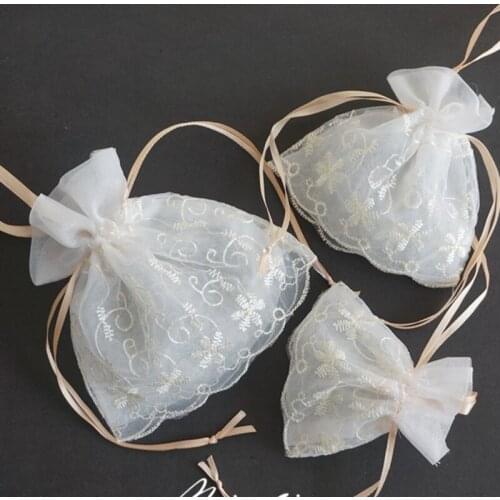 20pcs White Champagne Color Cosmetic Sample Packaging Gauze Bag Lace Tulle Packaging Bag Wedding Candy Bag 10x10 12x12 15x15cm