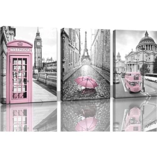 3 Piece Pink Theme Bus and Umbrella City Diamond embroidery Diamond Painting Mosaic Triptych 5d Picture Landscape Art N1470