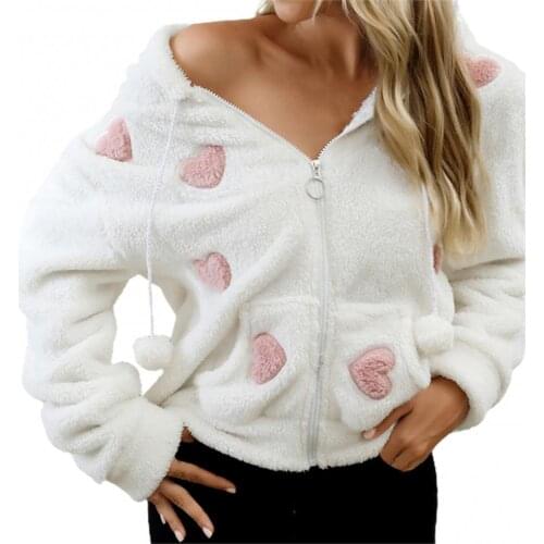 40%HOTWomen Fashion Love Heart Pattern Long Sleeve Hooded Plush Pullover Hoodie Blouse