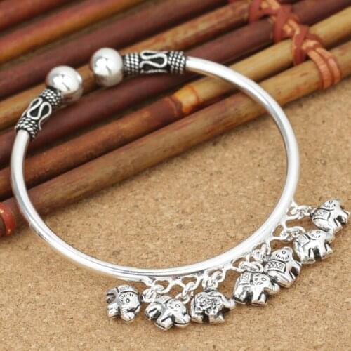 925 Sterling Silver color Cuff Bracelets Bangles for Women Cute Elephant Charms Bracelet Thai Silver Jewelry Birthday Gifts