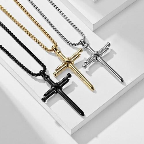 Wholesale Items Steampunk Streetwear Christian Cross Nail Pendant Necklaces Men Boy Titanium Stainess Steel Link Chain On Neck
