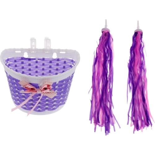 Girls Bike Front Basket Children Bowknot Shopping Holder Case + Bike Scooter Streamers Purple Bicycle Basket Kids