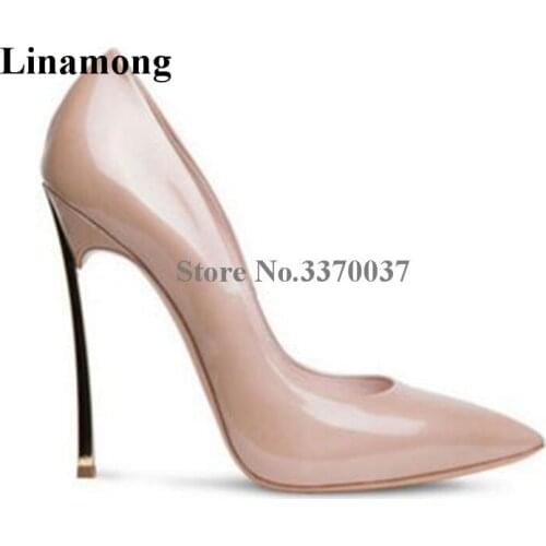 Brand Design Women Fashion Pointed Toe Patent Leather Metal Heel Pumps Charming Shining Stiletto 12cm Heels Formal Dress Shoes