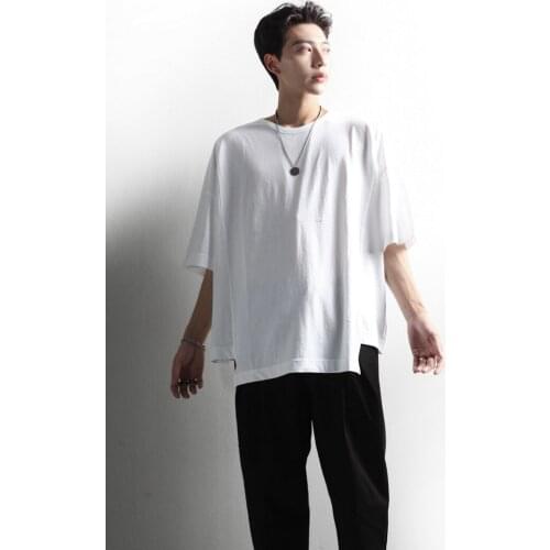 Summer size irregular solid color loose style loose half sleeve round neck T-shirt trendy men