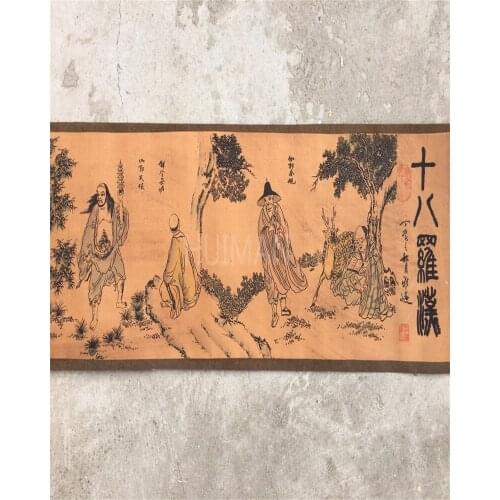 Chinese Ancient Picture Silk Paper Eighteen Buddha Scroll Painting