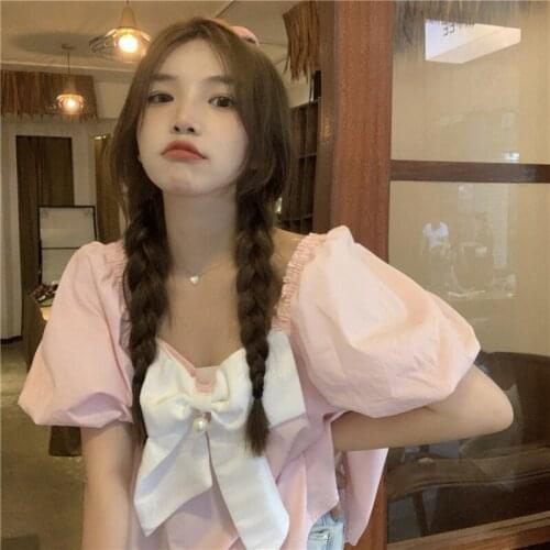 Korean New Summer Preppy Style Women Blouse Shirt Vintage Square Collar Bow Pearl Cute Puff Sleeve Loose Sweety Girly Shirt