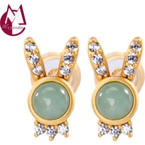 Cute Rabbit Stud Earring 925 Sterling Silver Mosaic Jade Earring Women Jewelry pendientes plata de ley 925 mujer aros pack E13