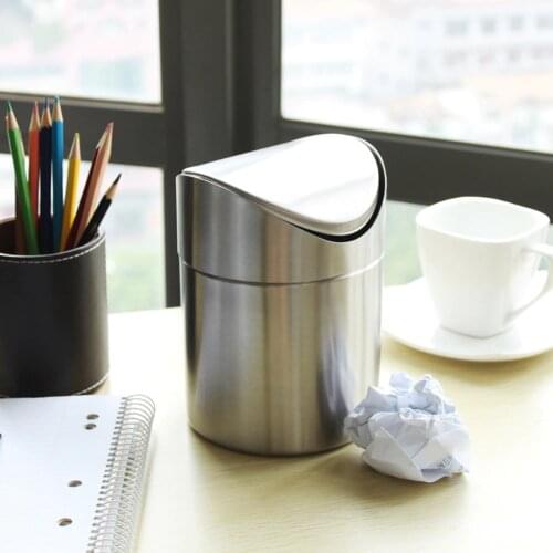 1.5 L Stainless Steel Mini Trash Bin Car DustBin Swing Lid Kitchen Worktop Desktop Small Waste Rubbish Trash Can
