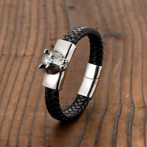 Cool Bull Head Skull Stainless Steel Bracelet Leather Braided Rope Mens Bracelet
