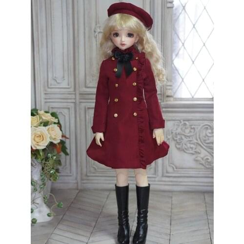 BJD Doll Clothes Long Bow Overcoat with Beret Hat Red Black Pink Coat Cute Dress for Girls for 1/3 1/4 DD Dy MDD Custom dolls