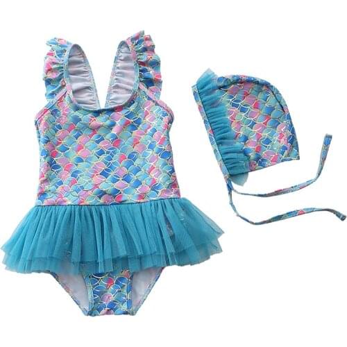 1~8Y Toddler Baby Girls Swimwear New 2021 swimsuit for girls Fish Scale Girls Swimming dress Kids Beach wear with cap