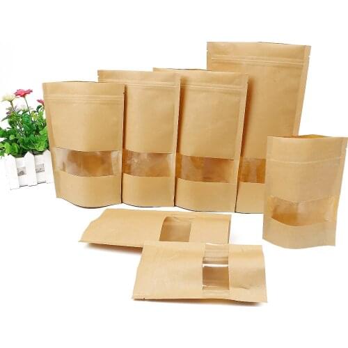 10pcs Kraft Paper Bags Zip Lock With Window Stand Up Pouches Resealable Self Sealing Bag for Storing Tea Cookie Dried Food