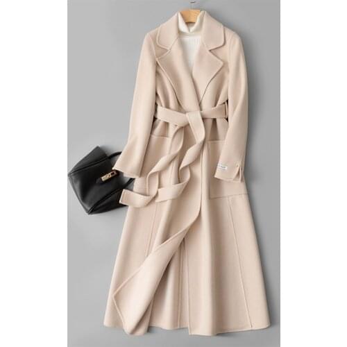 Double Sided Cashmere Coat Womens Mid Long 2021 Autumn Winter New Lace Up Windbreaker Handmade Tweed Coat