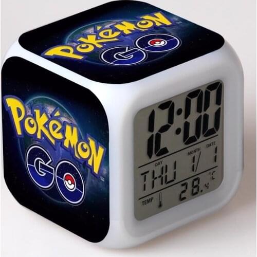 Pokemon Glow Anime Figure Pattern Alarm Clock Pikachu Luminous LED Colorful Flash Clock Light Strip Temperature Display Kids Toy