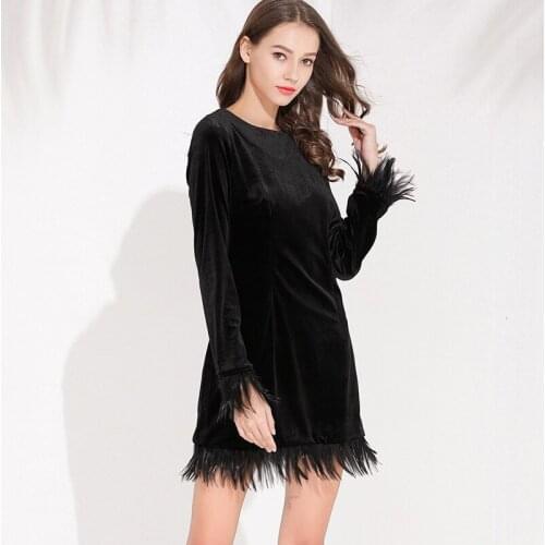 Luxury Brand Black Velvet Tassel Dress Women Vintage Slim Mini Dresses Female Long Sleeve Spring Autumn Fall Winter Lady Clothes