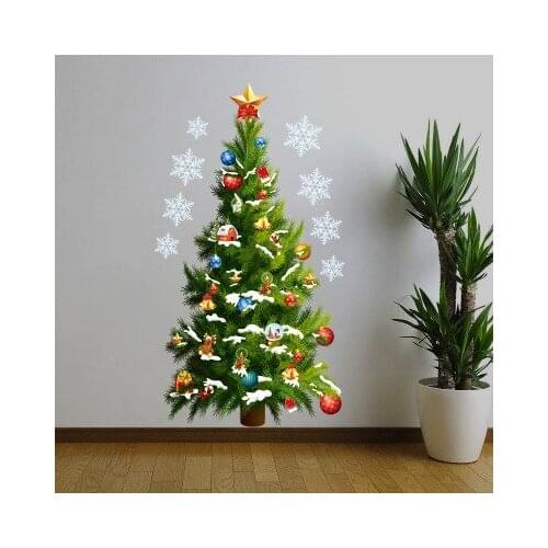 Christmas New Year Wall Sticker Green Christmas Trees And Stars Waterproof Market Window Door Kitchen Stickers Wall Painting