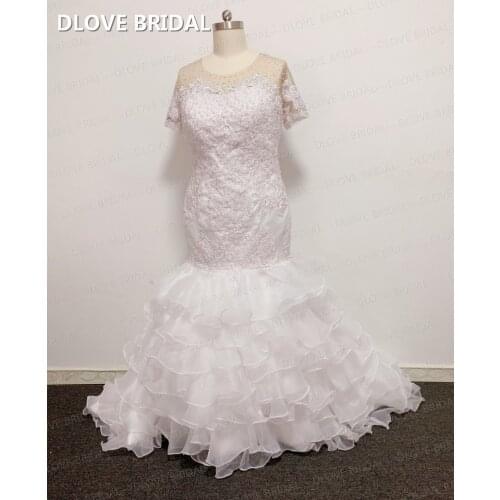 Short Sleeve Mermaid Wedding Dress Ruffles Skirt Bridal Gown