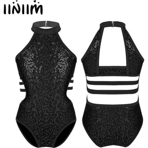 Teen Kids Ballerina Dancewear Sparkly Sequins Cutouts Back Strappy Waist Ballet Dance Wear Gymnastics Leotard for Girls Costume