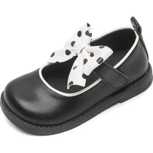 Girls Black Leather Shoes 2021 Autumn Soft Bottom British Student Pu Leather Princess Flats Hot Fashion Sweet Spot for Wedding