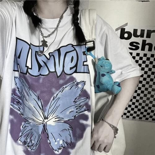 E-girl Butterfly Graphic and Letter Printing Stitch Crop Tops Y2K Summer Grunge Style O-neck Short Sleeve T-shirt punk clothes