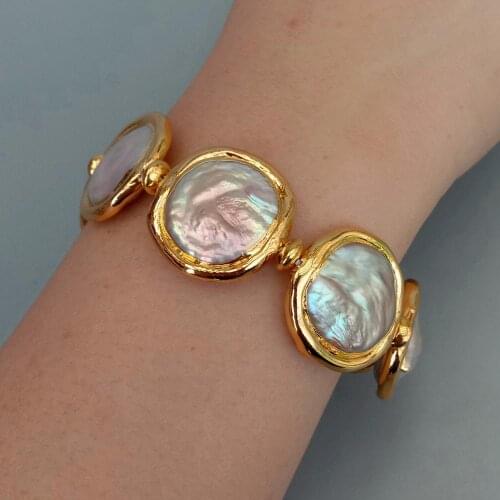 YYGEM 23mm Natural Freshwater Cultured Purple Reborn Keshi Pearl Bracelet Cubic Zirconia Pave Clasp 8" classic style for women