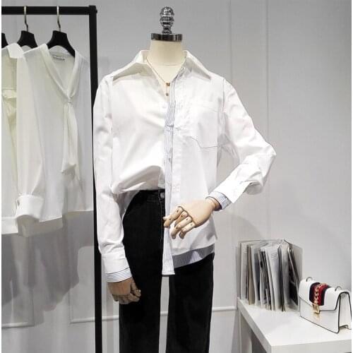 Womens Spring Autumn Runway Fashion Long Sleeve White Blue Stripe Basic Shirt Female Casual Loose OL Blouse Tees Tops TB1652