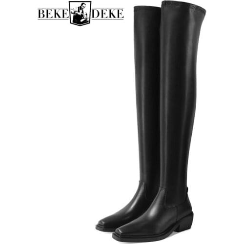 Womens Over The Knee Stretch Boots Street Genuine Leather Thick Heel Thigh High Boots Autumn Platform Long Boots Oversize 43