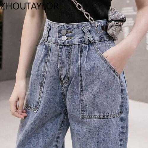 ZHOUTAYLOR Woman Jeans Fashion Button Zippers High Waisted Ankle-Length Trousers Femme High Street Autumn Harem Pants Female