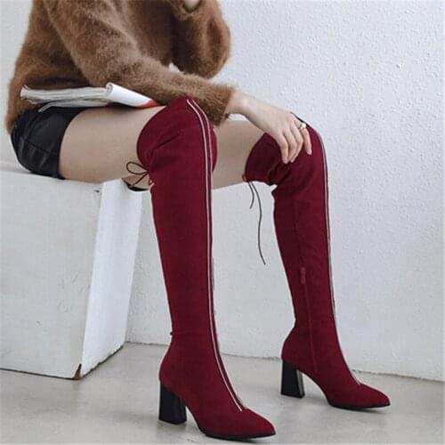 2019 New Flock Leather Women Over The Knee Boots Lace Up Sexy High Heels Autumn Woman Shoes Winter Women Boots Size 34-43