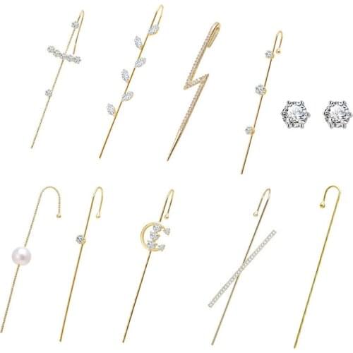 2020 New Crystal Stud Earrings For Woman Geometric Cross Chain Hook Earrings Imitation Pearl Cuff Earrings Climber Earrings Gift