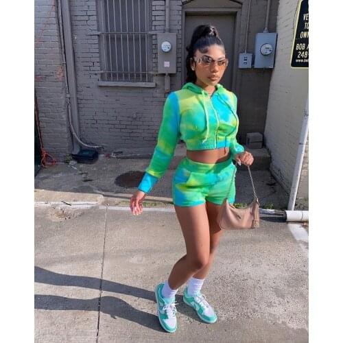 Women Two-piece Sports Clothes Set Basketball Yoga Running Green Tie-dyed Printed Pattern Hoodie and Shorts