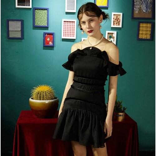 2020 new black suspender one line collar open shoulder lotus leaf edge dress slim fitting dress 63751