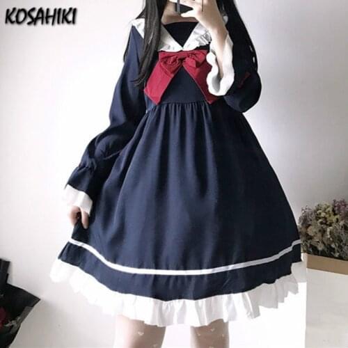 KOSAHIKI 2021 Japanese Style Lolita Dress Students Sailor Collar Dresses Bowknots Ruffles Cute Dress Navy Blue Costumes 11a080