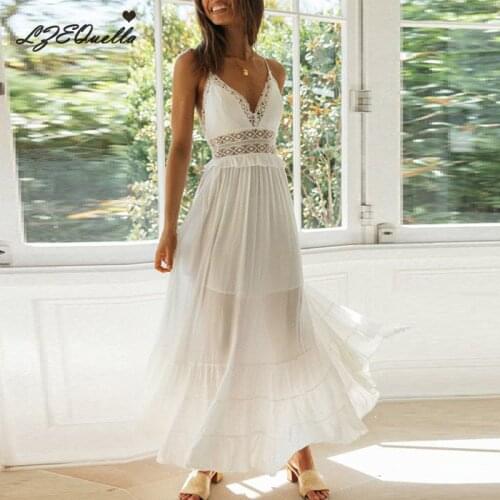LZEQuella Women V neck High Waist Lace Strap Dress Summer Fashion Sexy Hollow Backless Patchwork White Dresses Vestidos NZ3484