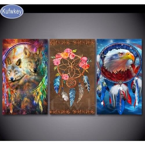 3pcs,Full,Diamond Embroidery,wolf,eagle,catcher,5D,diy,Diamond Painting,Cross Stitch,3D,Diamond Mosaic,Needlework,triptych decor