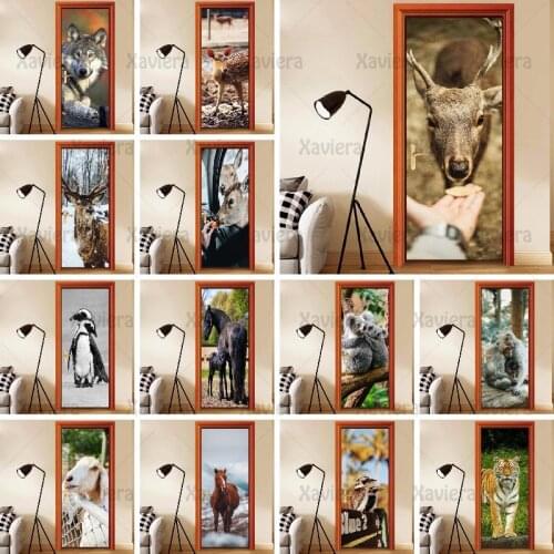 3D Door Sticker Home Decoration Room Door Printing Art Picture Pvc Door Hd Cute Animal Deer Tiger Zebra Self Adhesive Wallpaper